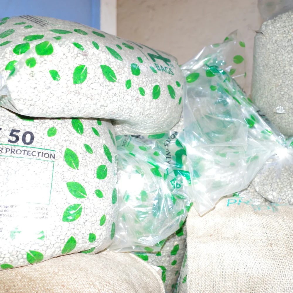 Café verde almacenado correctamente en café Santa Elena con bolsas ecotact y despegado del piso para evitar contaminación por moho, el café se encuentra en un espacio fresco y con buena circulación de aire, con excelentes condiciones de luz y sombra.