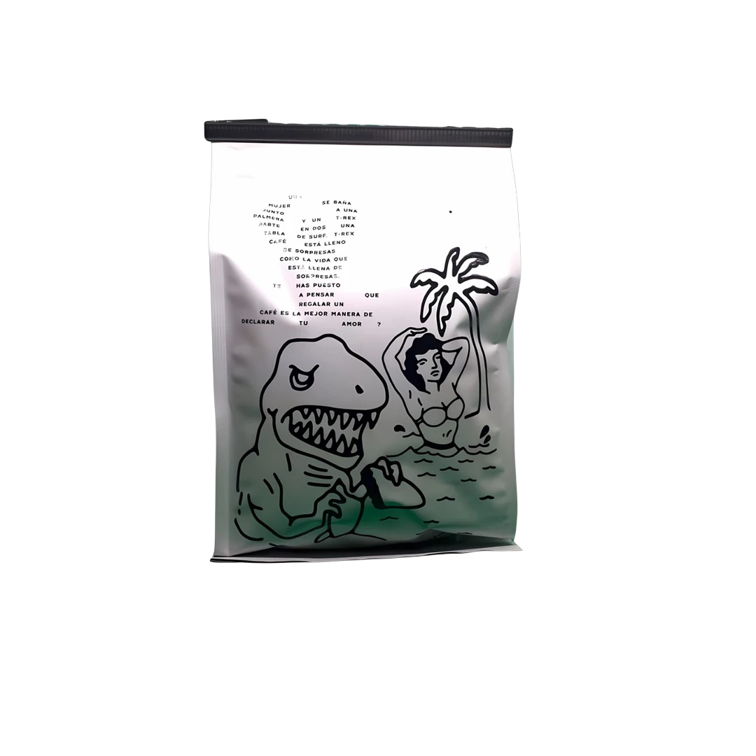 Reverso de la bolsa de café T-Rex de Santa Elena con la información de preparación