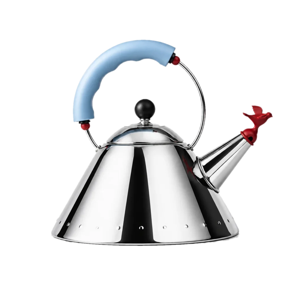 Kettle Alessi 9093 de acero inoxidable con mango azul y silbato de pajaro rojo