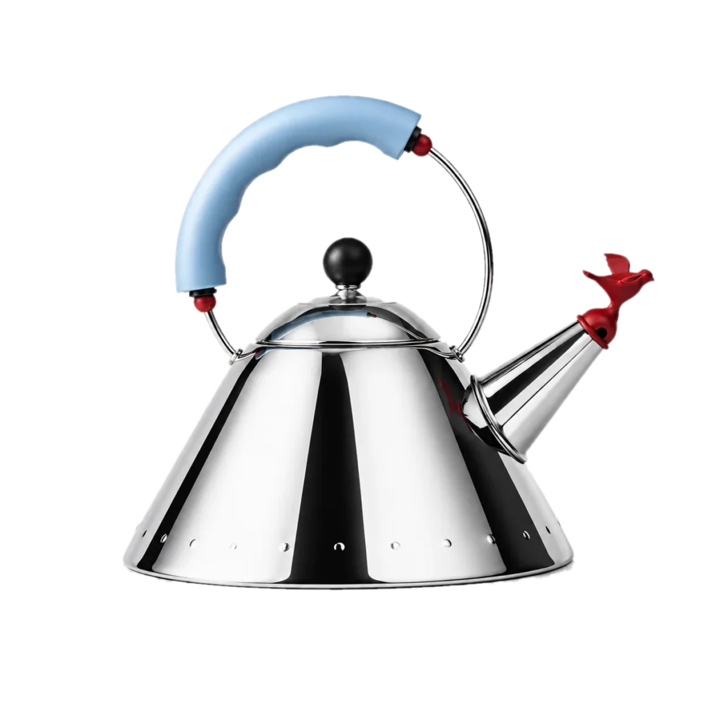 Kettle Alessi 9093 de acero inoxidable con mango azul y silbato de pajaro rojo