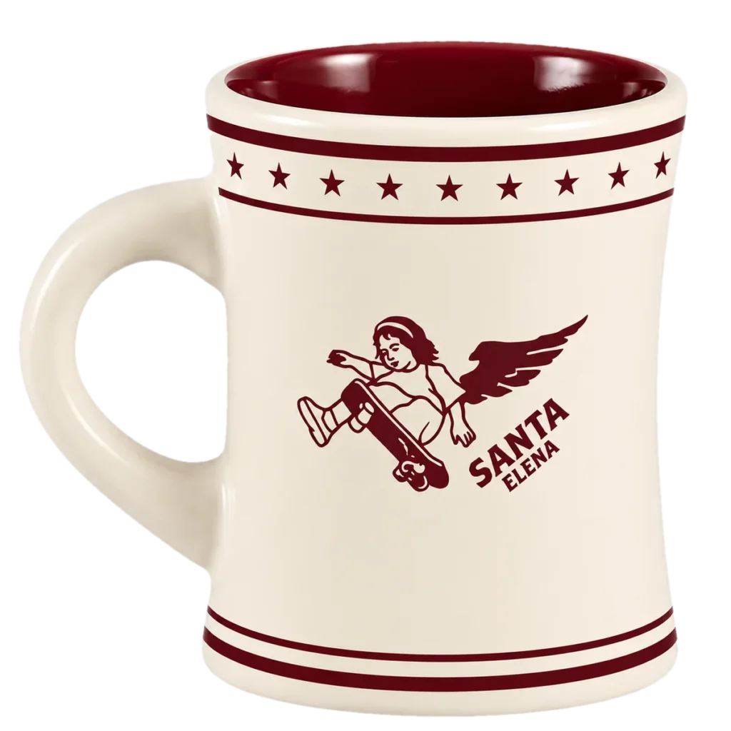 Taza de ceramica crema de Santa Elena con el logo del piloto en rojo