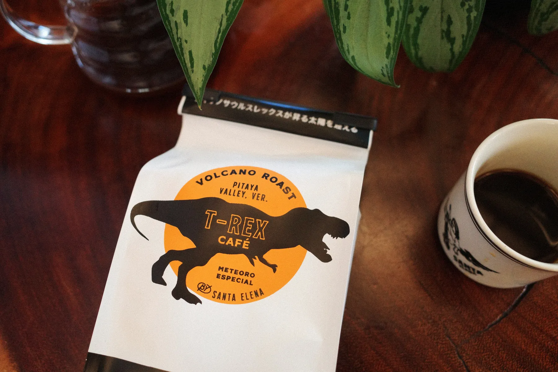 Bolsa de café T-Rex Santa Elena sobre una mesa de madera junto a una planta