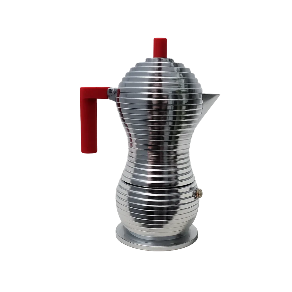 Cafetera italiana Alessi Pulcina de aluminio con asa roja, vista de frente