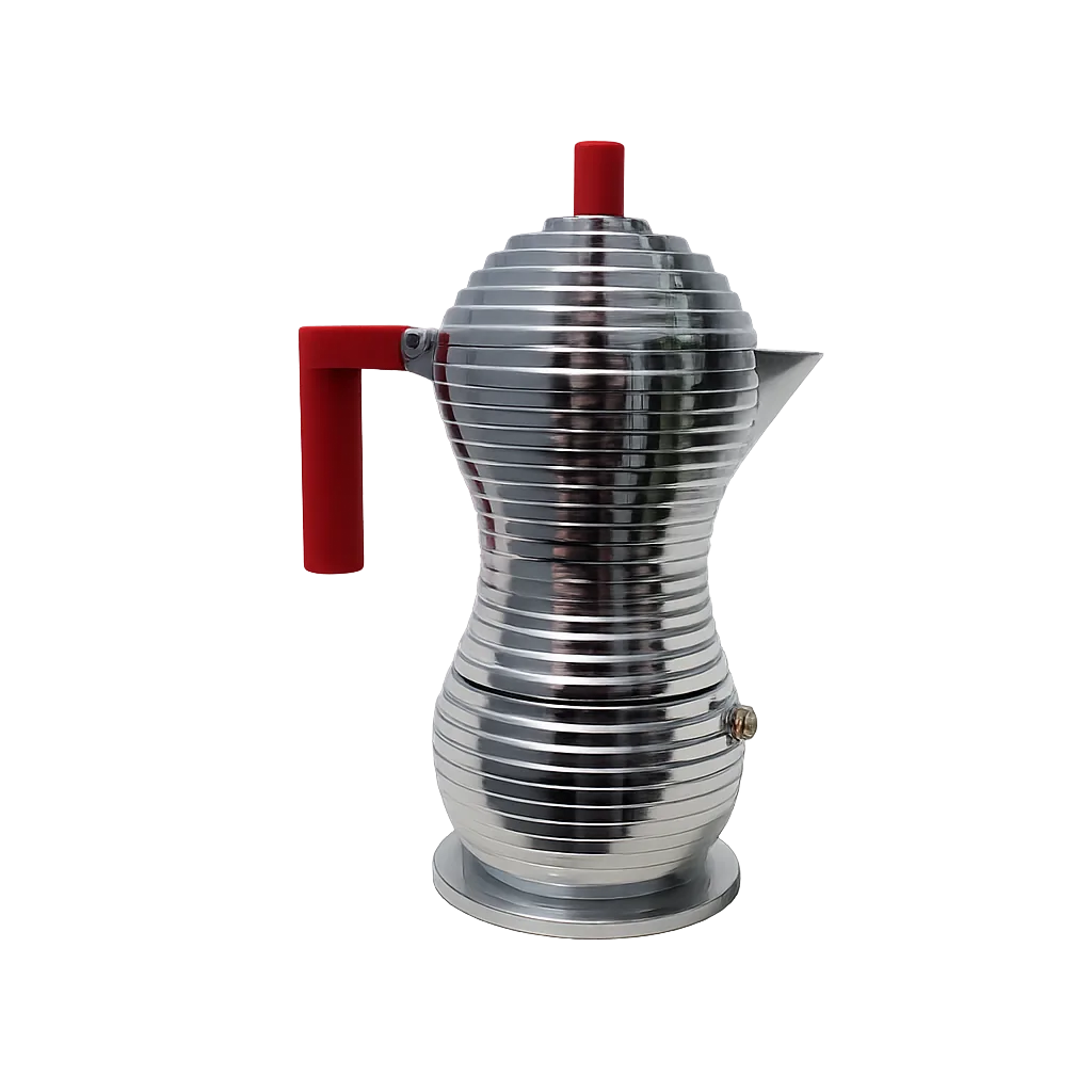 Cafetera italiana Alessi Pulcina de aluminio con asa roja, vista de frente