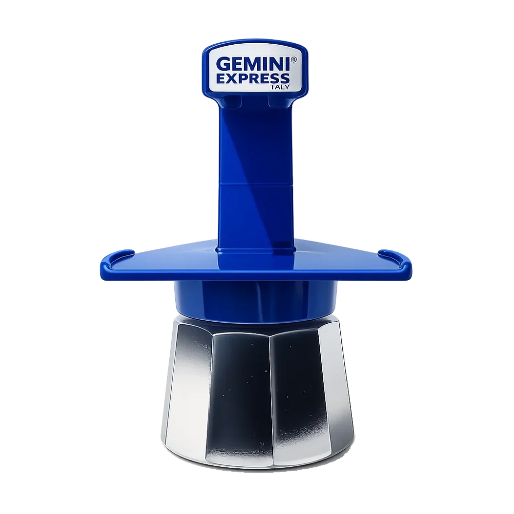 Cafetera italiana Gemini Express azul de aluminio, vista de frente