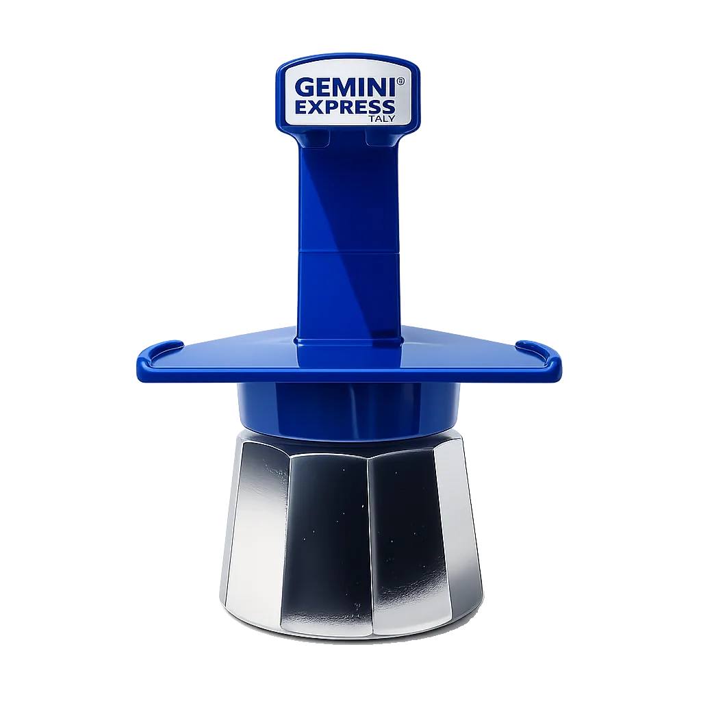 Cafetera italiana Gemini Express azul de aluminio, vista de frente