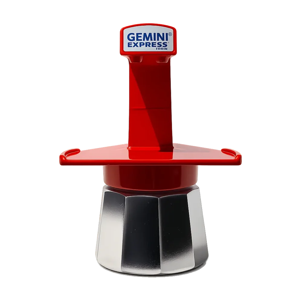 Cafetera italiana Gemini Express roja de aluminio, vista de frente