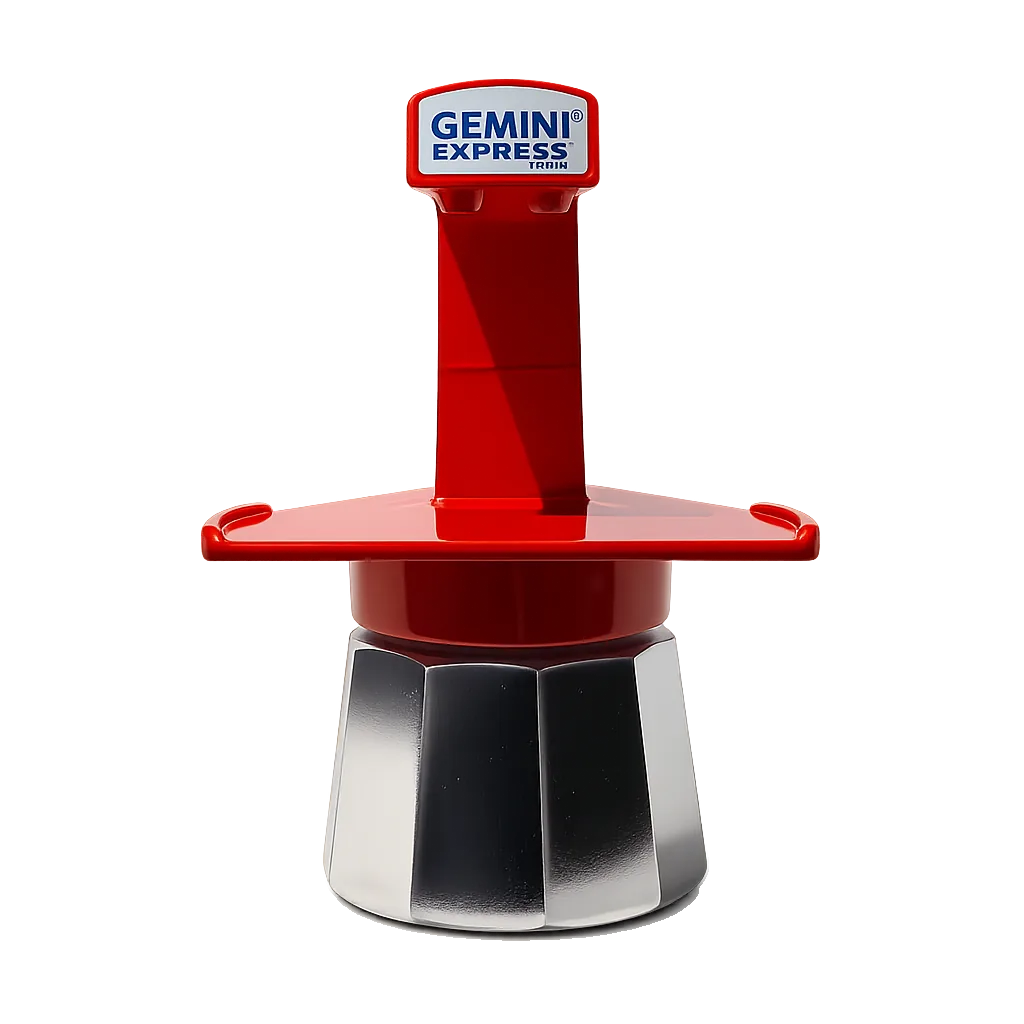 Cafetera italiana Gemini Express roja de aluminio, vista de frente