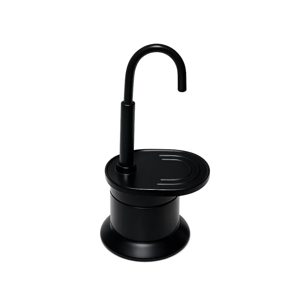 Cafetera moka negra de una taza con asa curva, vista de frente