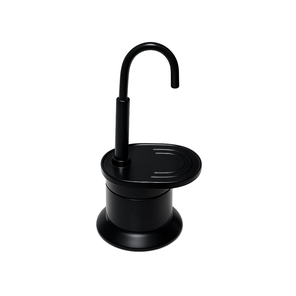 Cafetera moka negra de una taza con asa curva, vista de frente