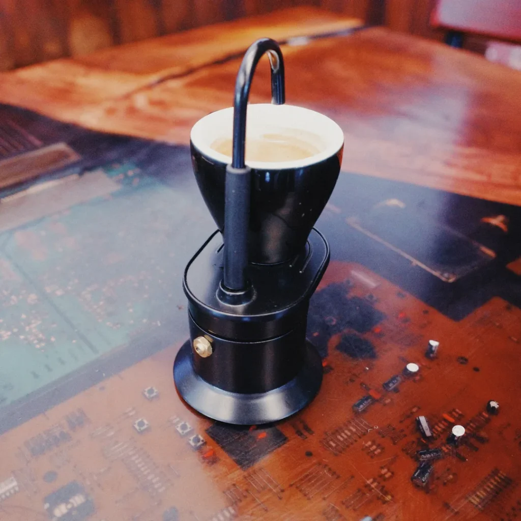 Cafetera moka negra con el café recién subido en la parte de arriba
